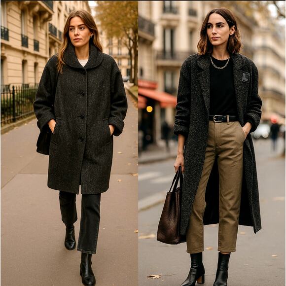 Neiman Marcus Jackets & Blazers - Neiman Marcus L Speckled Wool Coat $750 Leather Oversized Slouchy Jacket Black